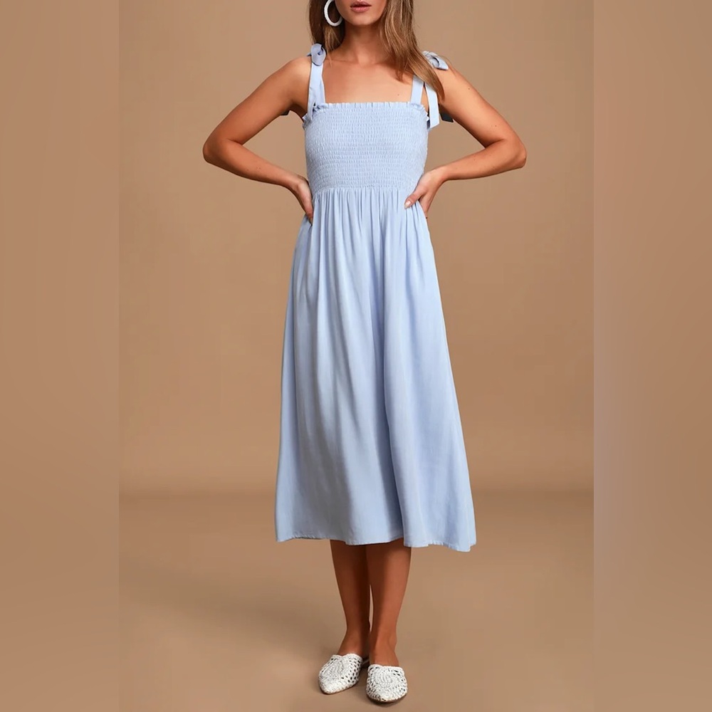 Lulus Looking Up Light Blue Smocked Tie-Strap Midi Dress
